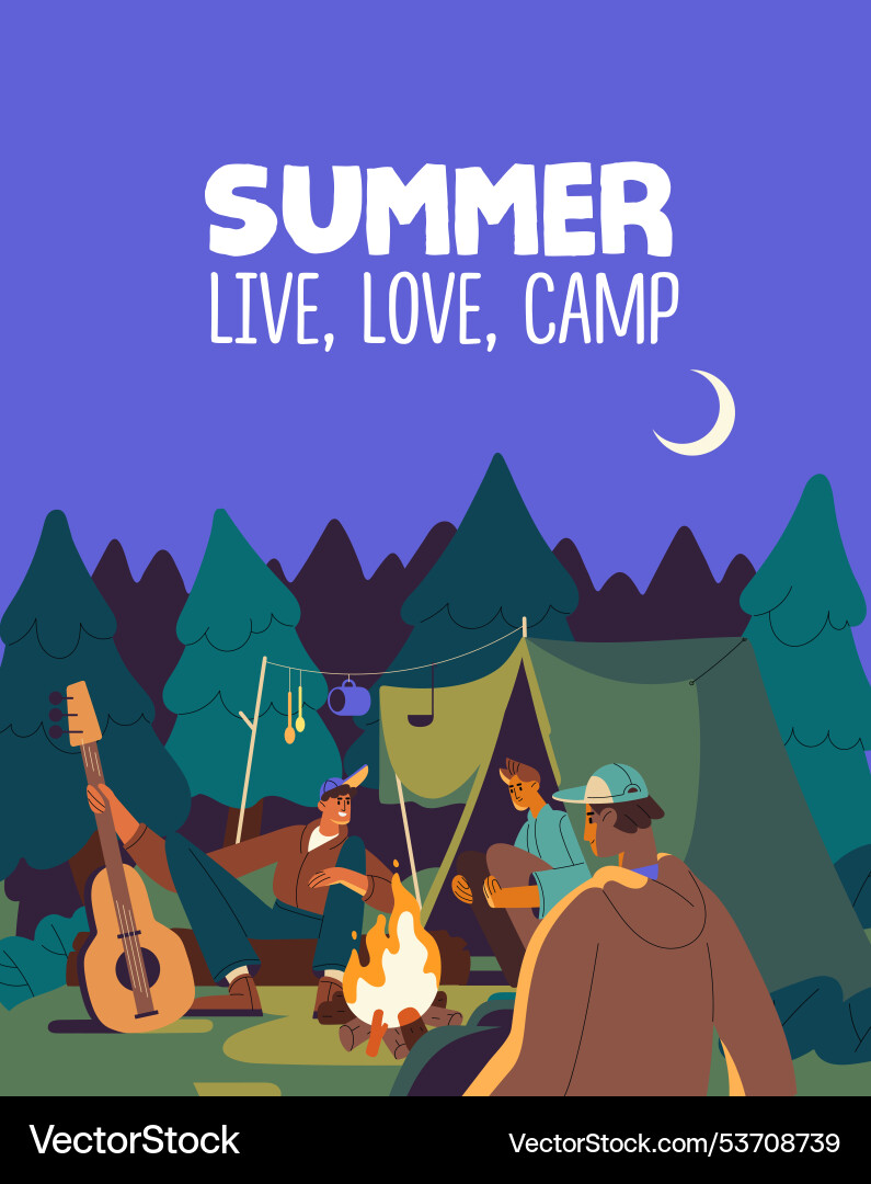 Freunde mit Gitarre entspannen bei Campfire im Sommer Freunde mit Gitarre entspannen bei Campfire im Sommer vektorbild