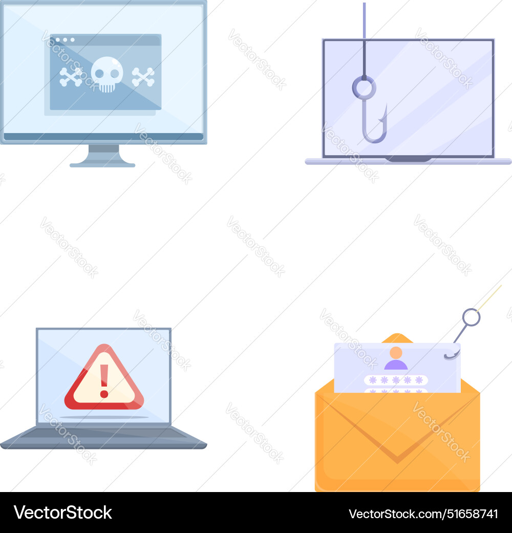 Hacker activity icons set cartoon email Hacker activity icons set cartoon email vector image