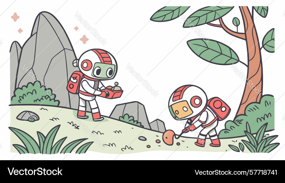 Robot astronauts exploring alien planet cosmic Vector Image