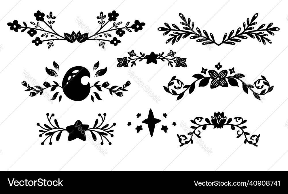 Set von monochromen Abstandshaltern mit Zweigmond und Stern Set von monochromen Abstandshaltern mit Zweigmond und Stern vektorbild