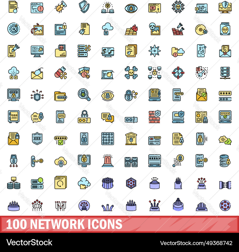 100 network icons set color line style 100 network icons set color line style vector image