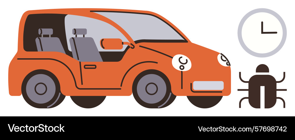 Self-driving car with bug and clock symbolizing Self-driving car with bug and clock symbolizing vector image