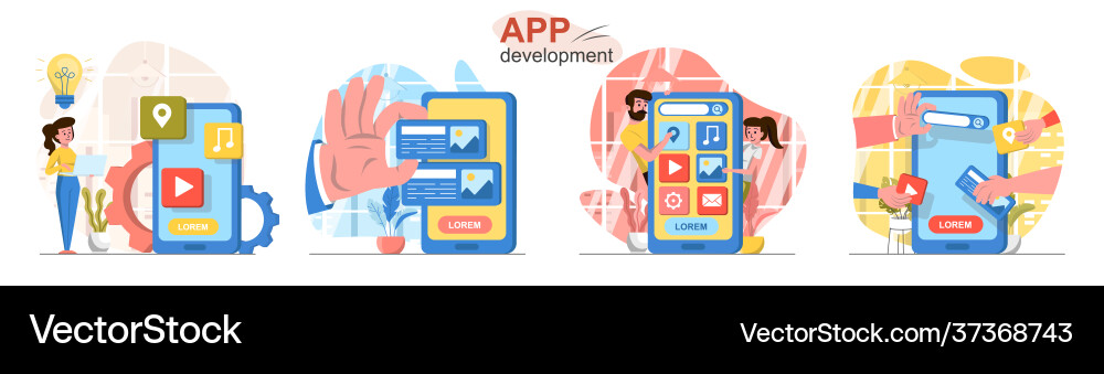 App development flat design concept scenes set Vector Image