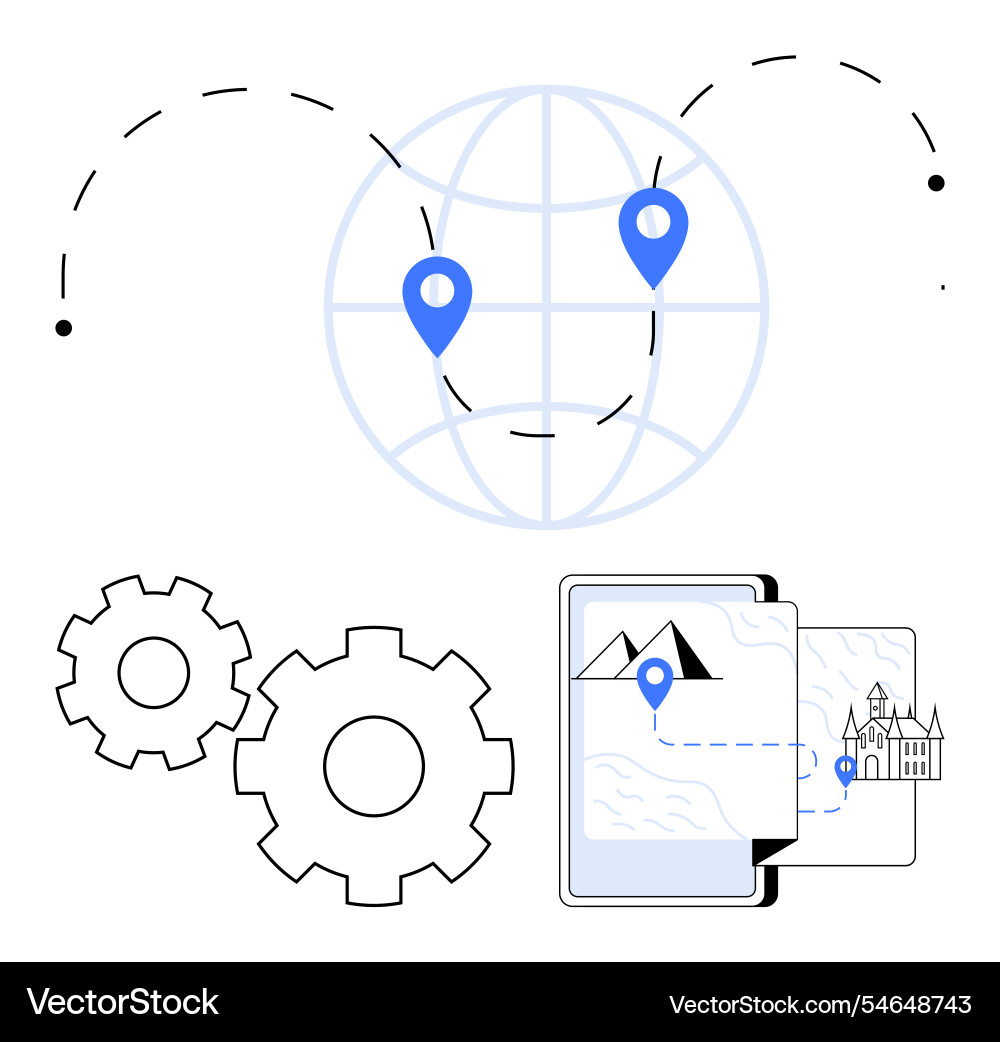 Global geolocation with navigation and gears Global geolocation with navigation and gears vector image