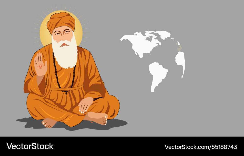 Guru nanak dev ji with world map vector image