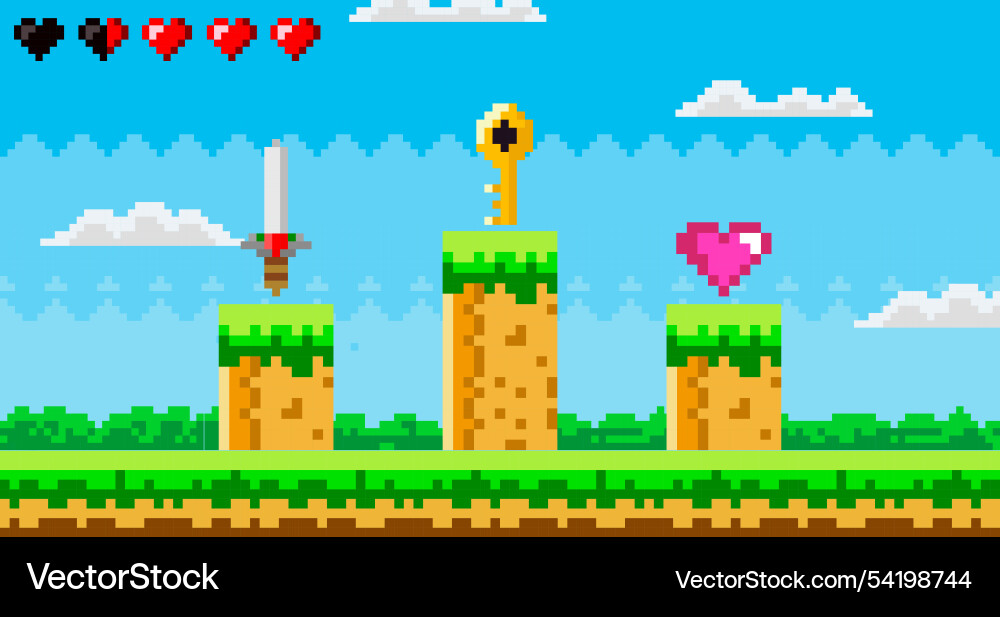 8-bit pixel art landscape with floating sword key Vector Image
