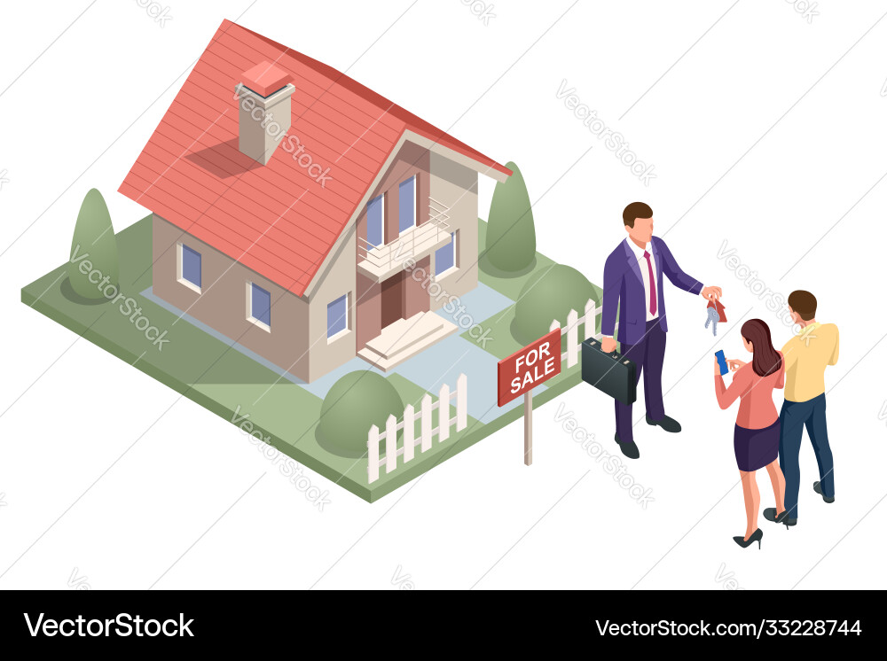 Isometric real estate agent with house model vector image