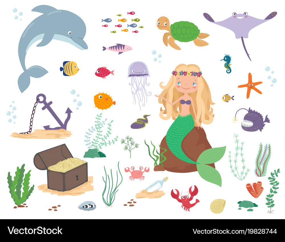 Mermaid and Sea Creatures Cartoon Vector Image