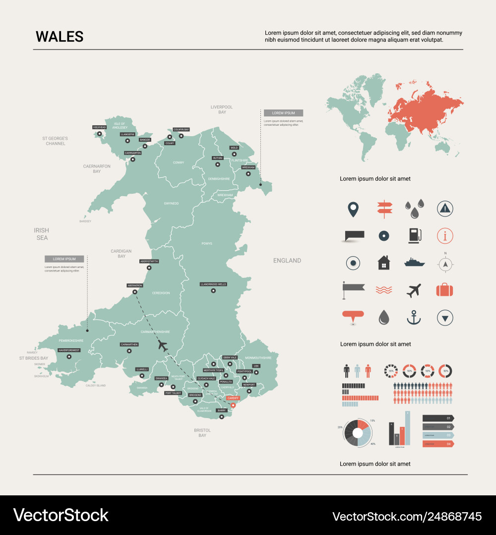 Detailed Wales Map - Cardiff & Cities Vector Image