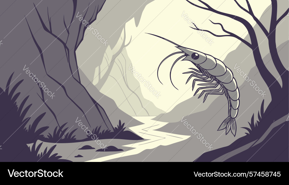 Surreal shrimp in an enchanting forest setting Vector Image