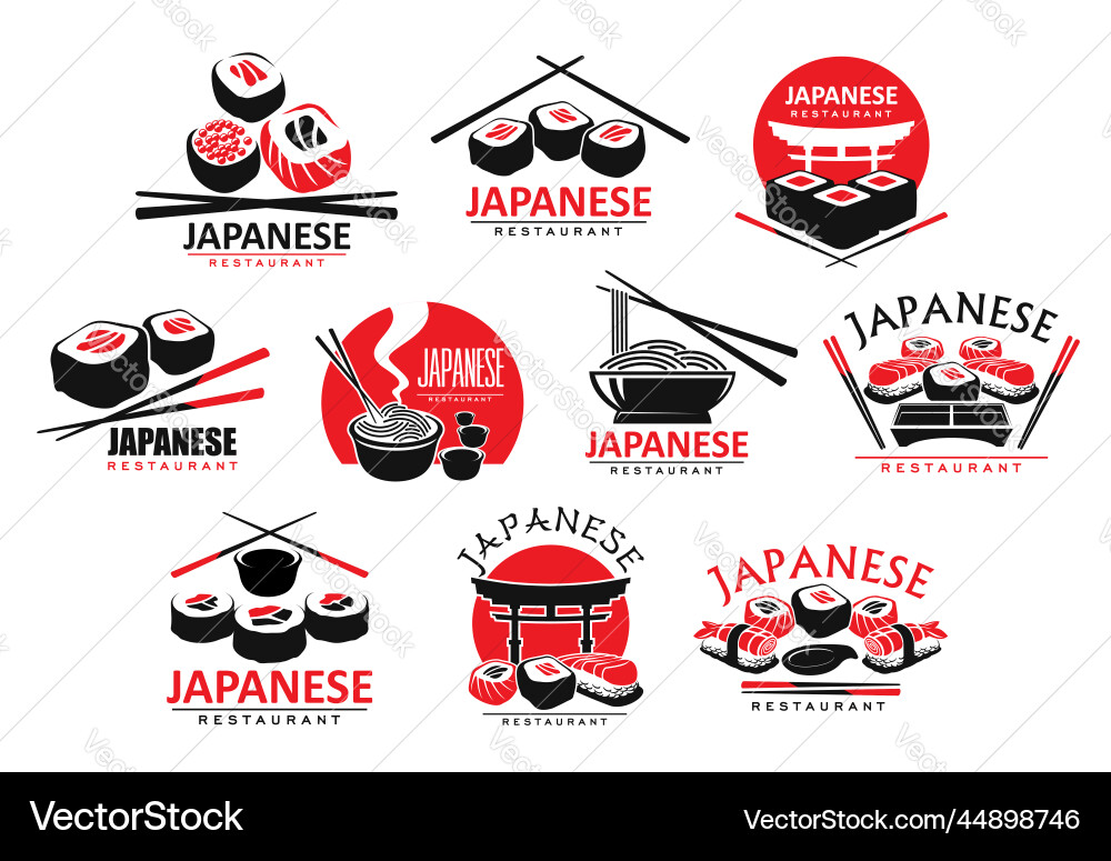 Japanese cuisine icons with sushi rolls and noodle Japanese cuisine icons with sushi rolls and noodle vector image