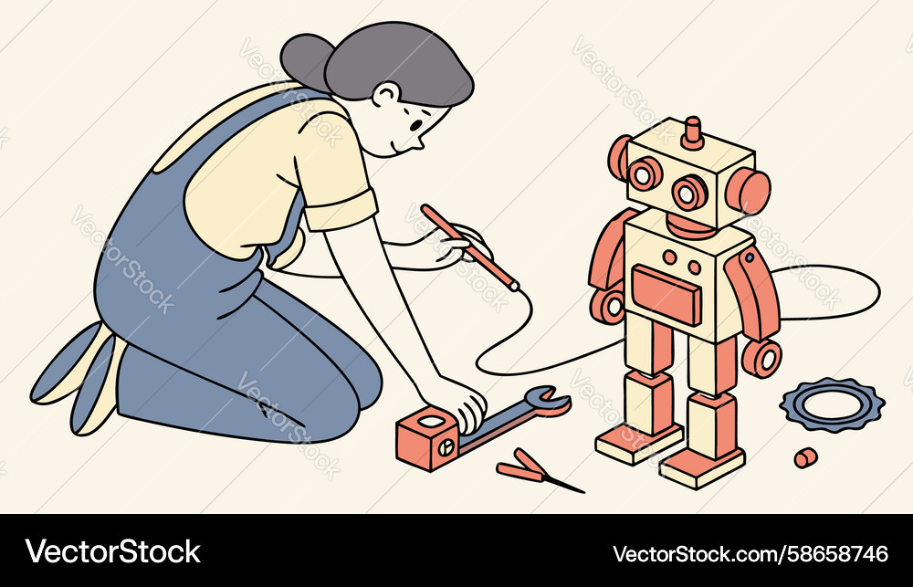 Person fixing a small robot robotics hobby Vector Image
