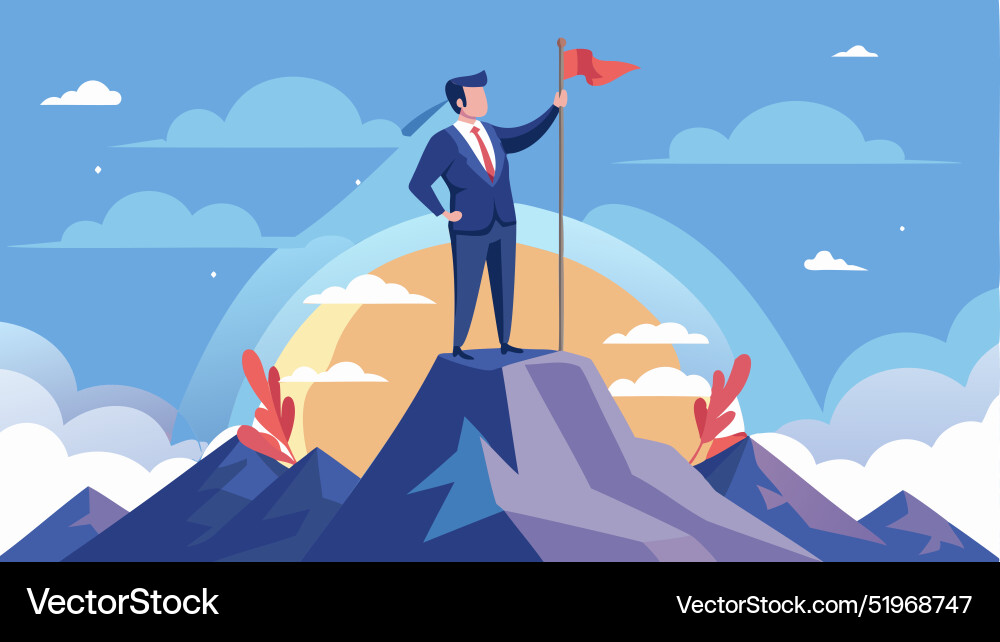 Businessman with flag on mountain peak Businessman with flag on mountain peak vector image