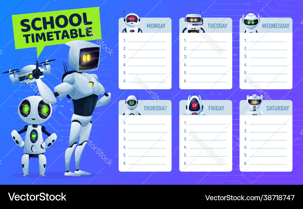 School timetable schedule with robots and drone School timetable schedule with robots and drone vector image