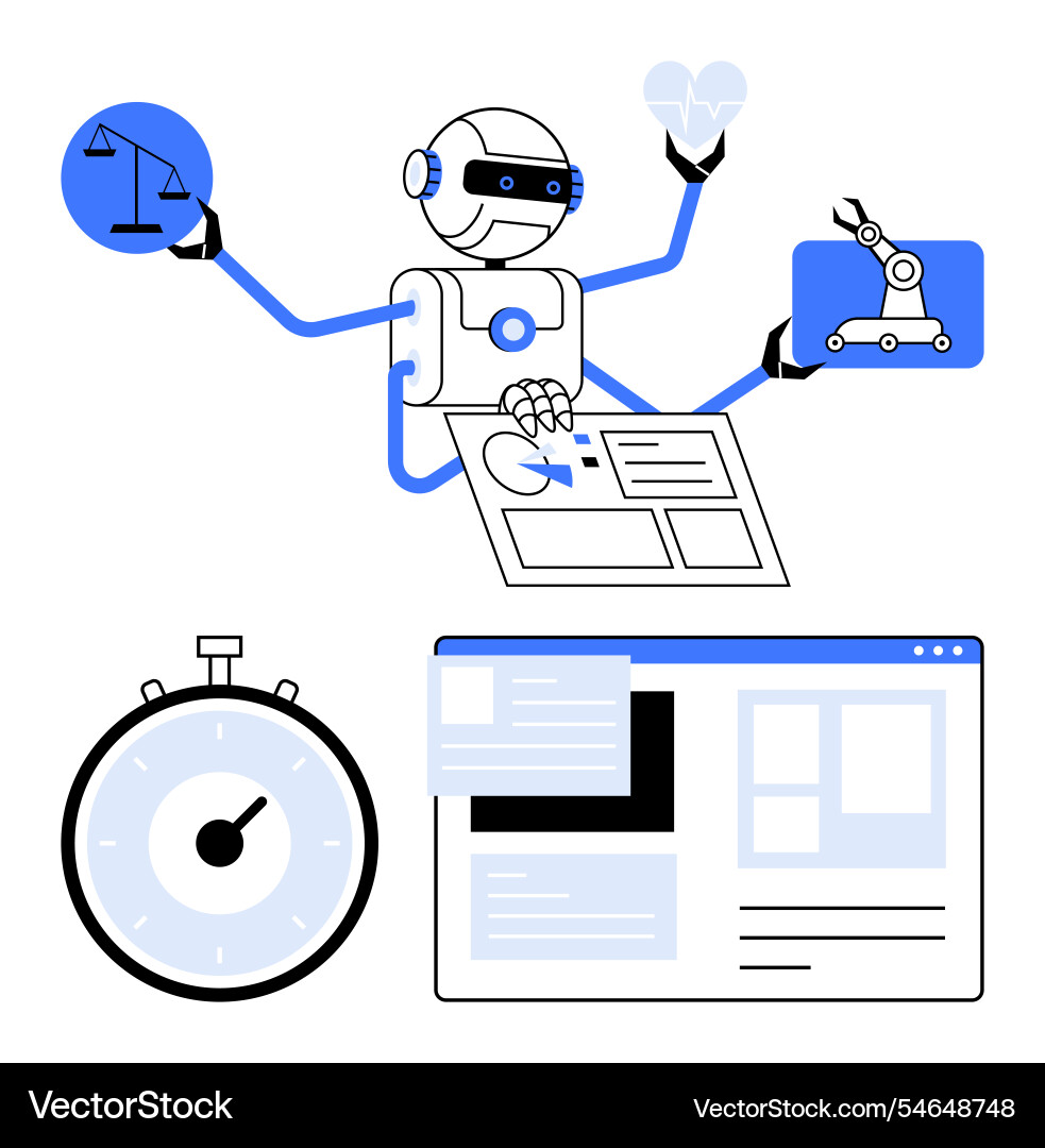 Multi-tasking robot with diverse elements Multi-tasking robot with diverse elements Vector Image