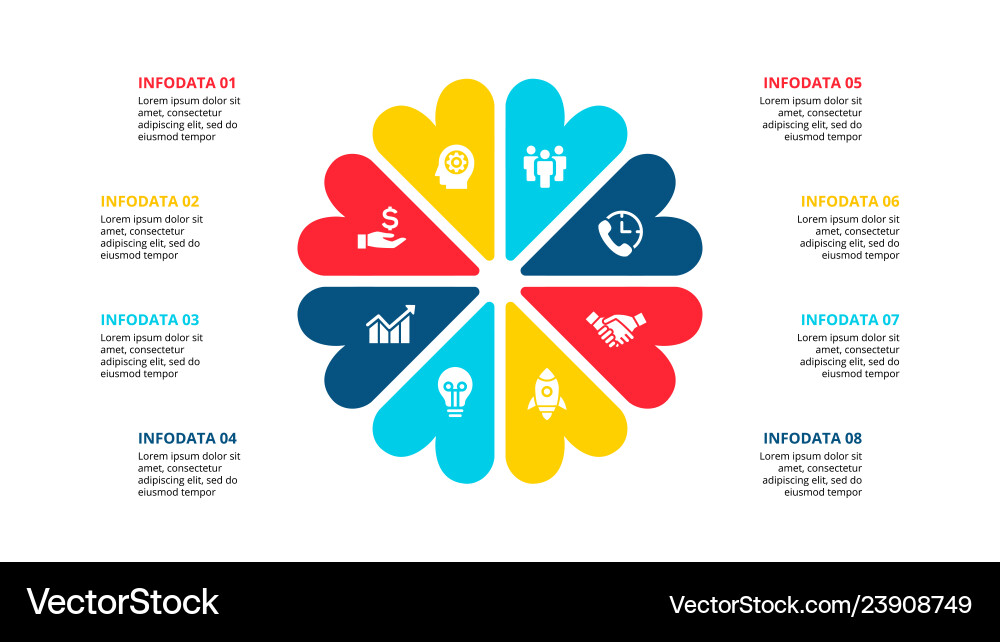 Abstract flat elements of cycle diagram with 8 Abstract flat elements of cycle diagram with 8 vector image