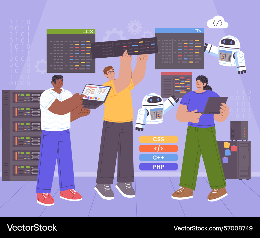 Hackathon hand-drawn flat composition geeks coding vector image