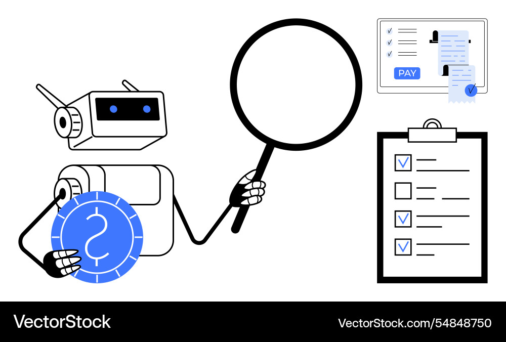 Robot analyzing financial documents Robot analyzing financial documents vector image