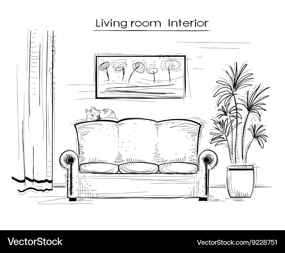 Hand-Drawn Gemütliches Wohnzimmer Sketch vektorbild
