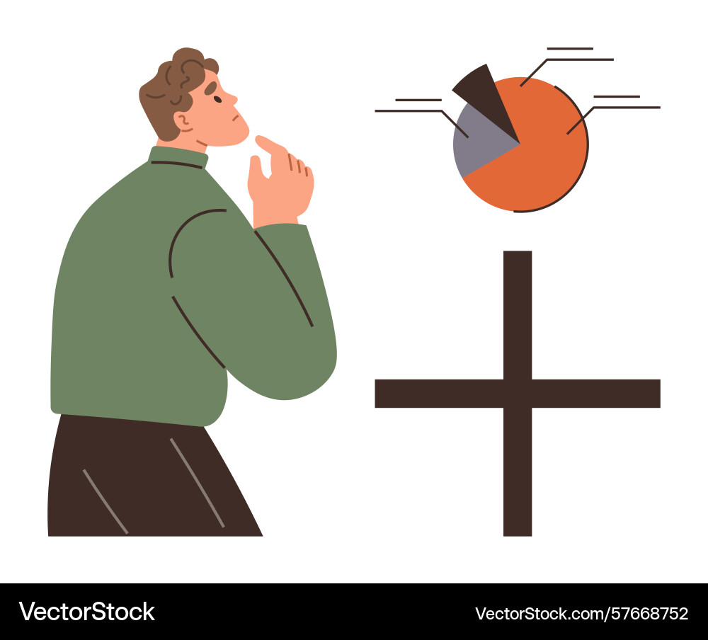 Man pondering data with pie chart and plus sign Man pondering data with pie chart and plus sign vector image