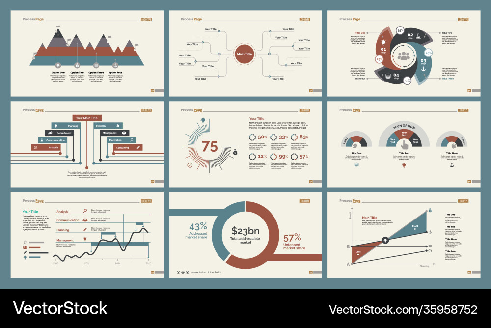 Six production charts slide templates set Vector Image