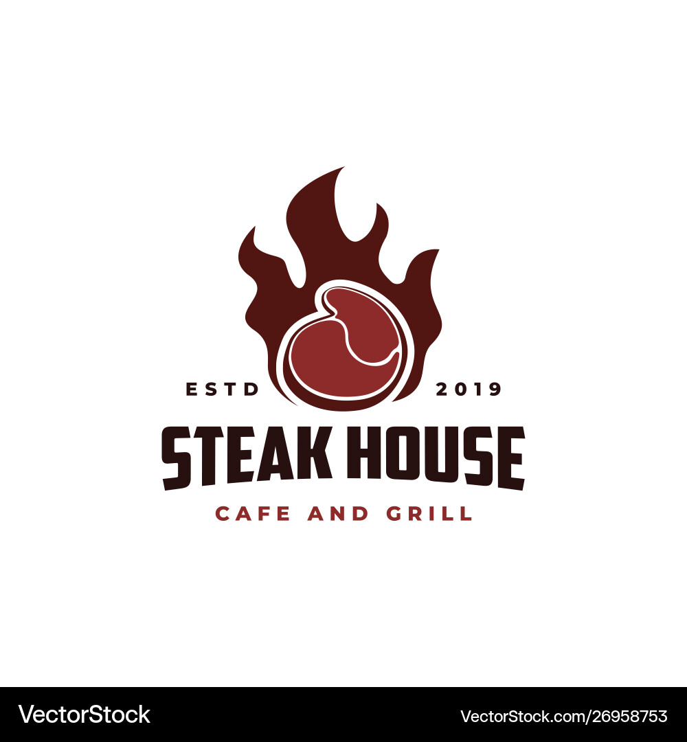 Beef meat on fire vintage retro cafe bar logo Beef meat on fire vintage retro cafe bar logo vector image