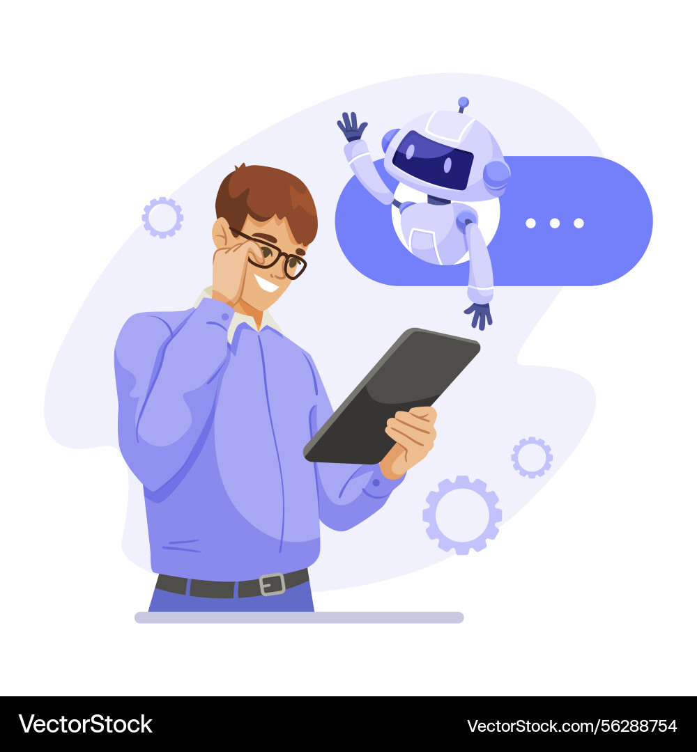 Man chatting with robot assistant on tablet screen Man chatting with robot assistant on tablet screen Vector Image