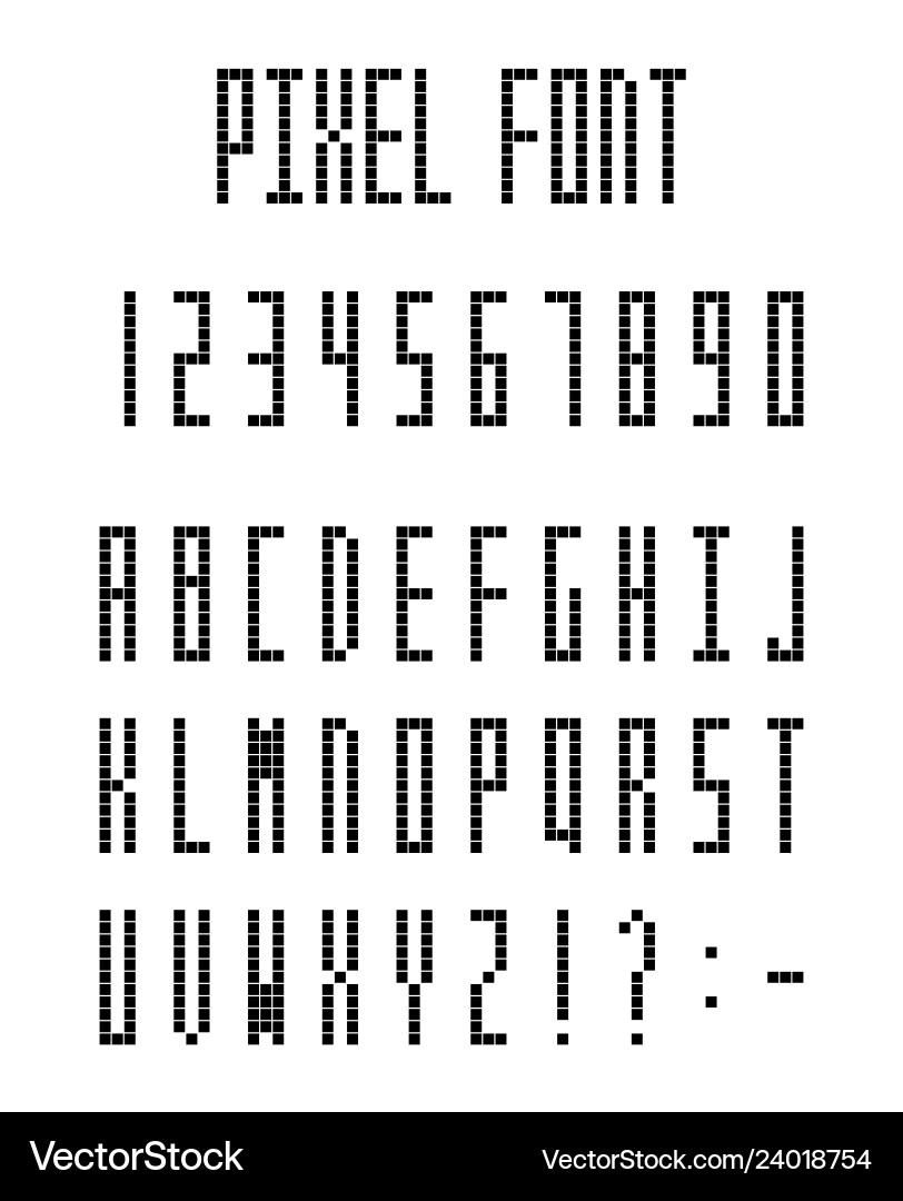 Pixel font pixeled alphabet letters and numbers Pixel font pixeled alphabet letters and numbers vector image