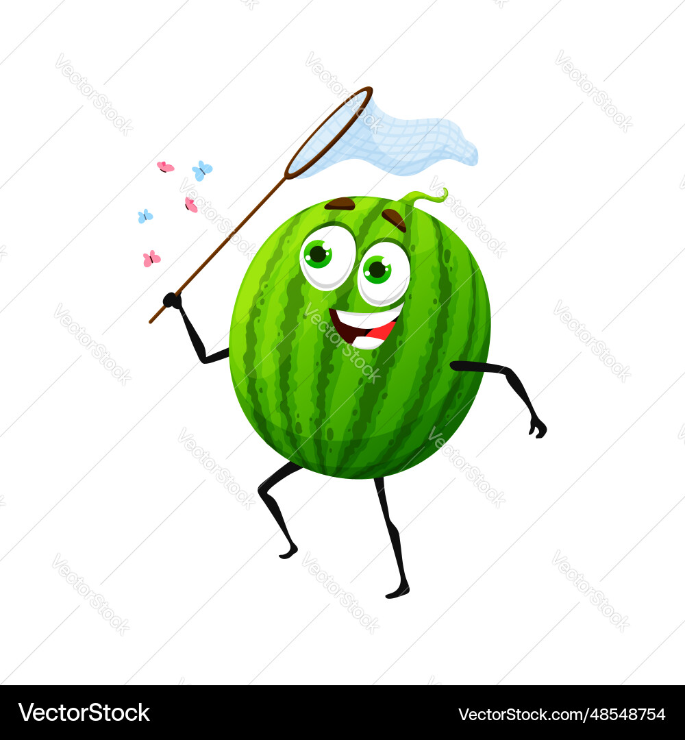Watermelon Character with Butterfly Net Vector Image