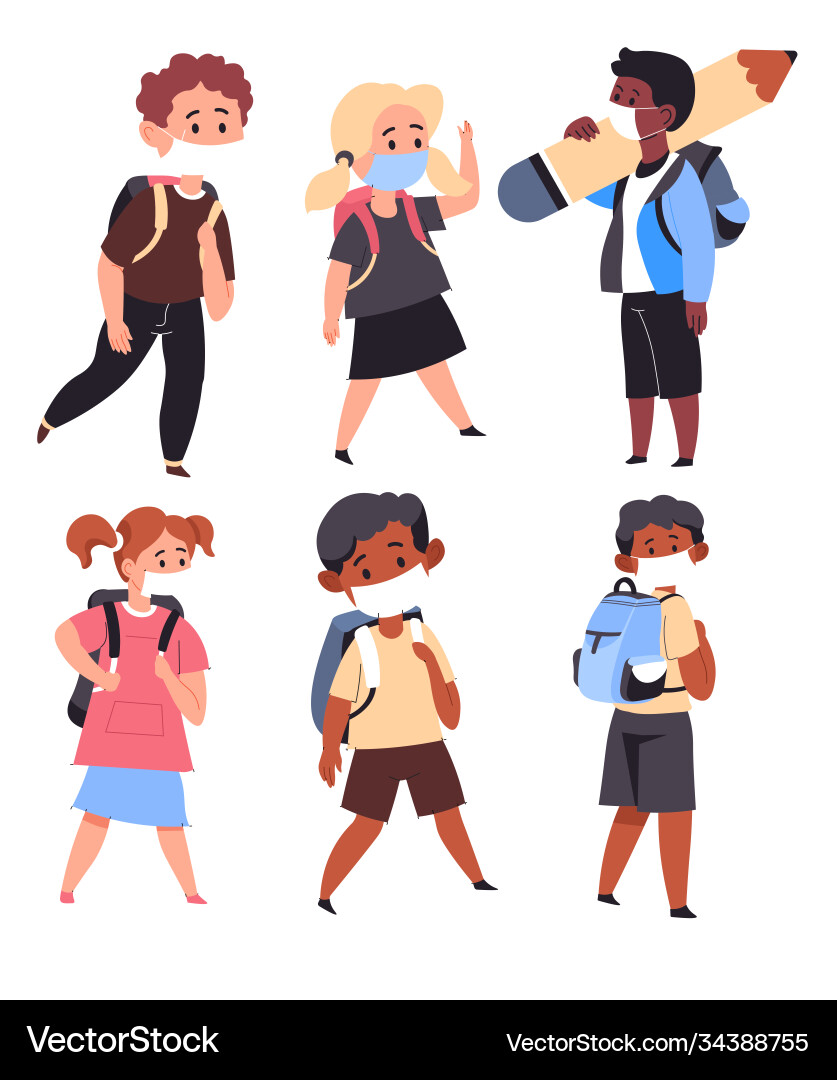 Children wearing medical masks going to school vector image