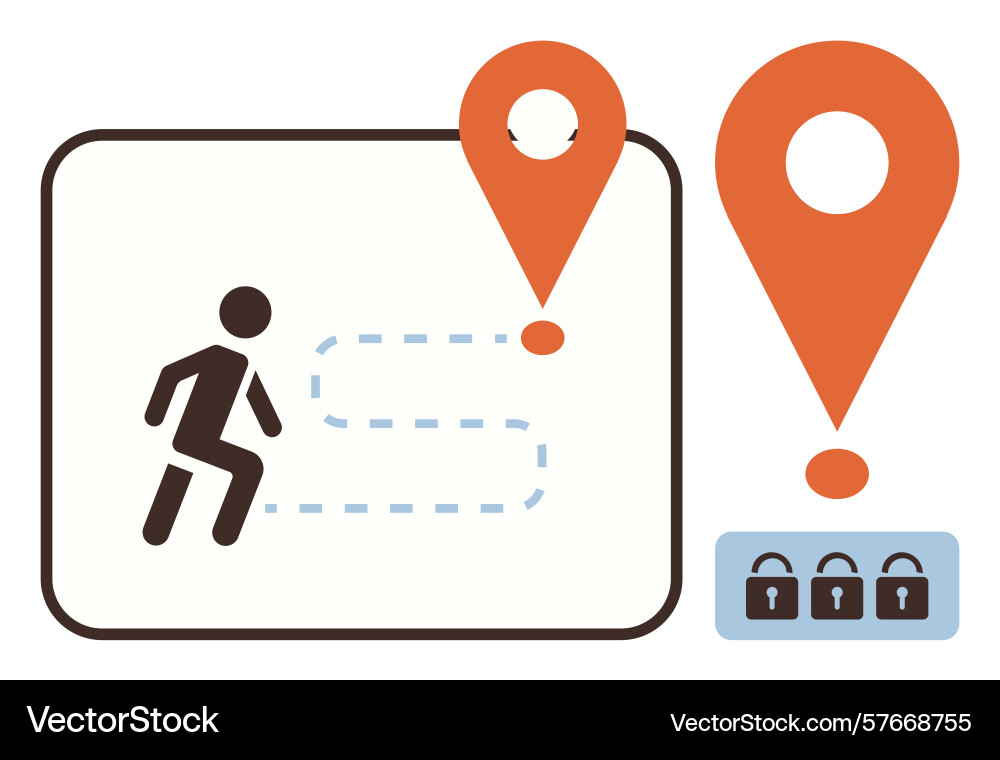 Navigation path with location pins and secure lock Navigation path with location pins and secure lock vector image