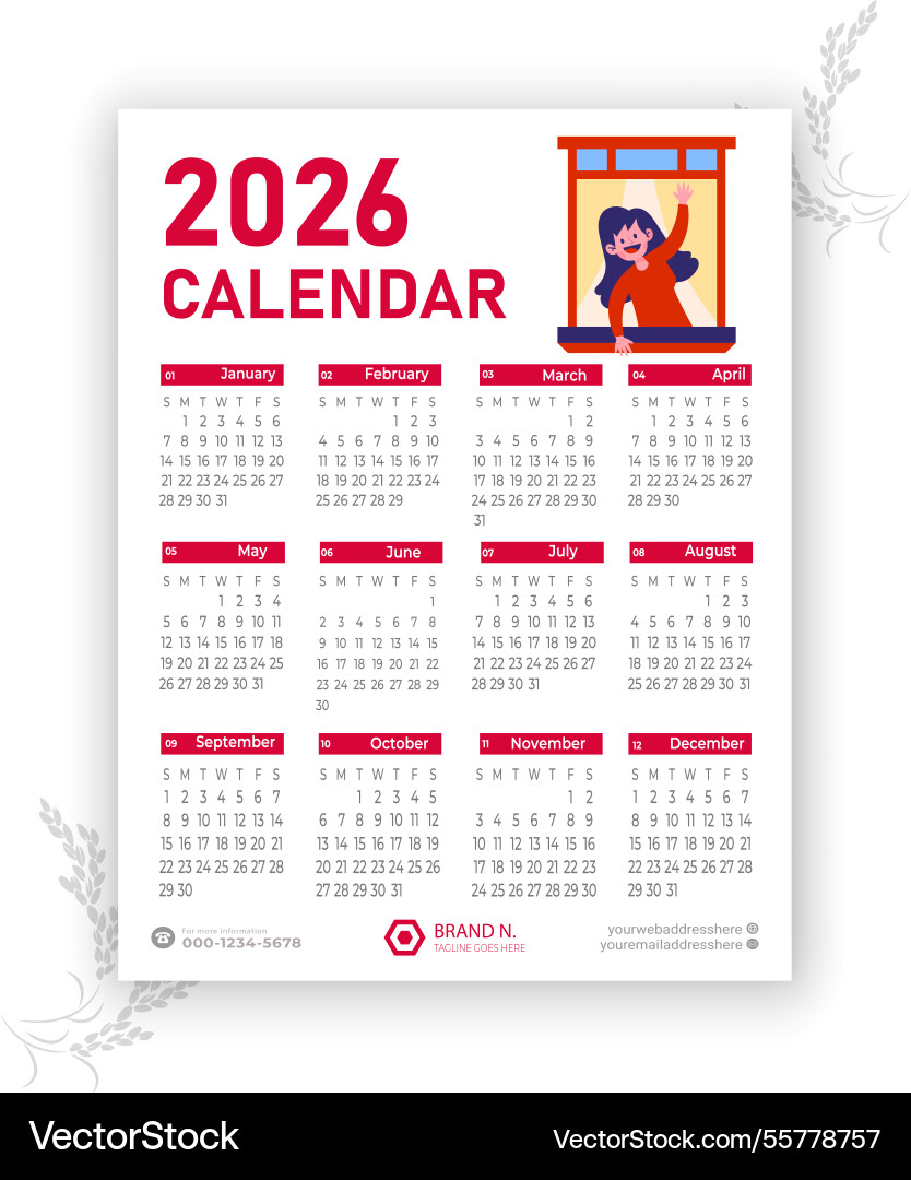 2026 calendar template Royalty Free Vector Image