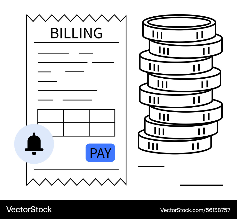 Billing receipt with payment button and coin stack Billing receipt with payment button and coin stack Vector Image