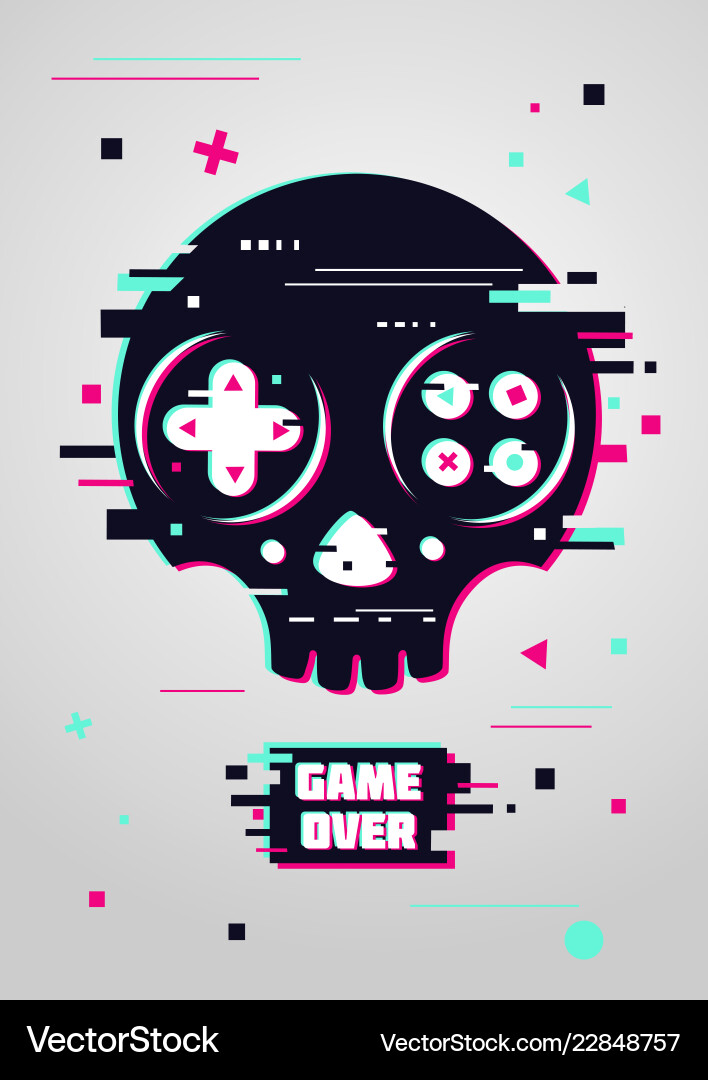 Glitchy Game Over Skull with Controller vector image