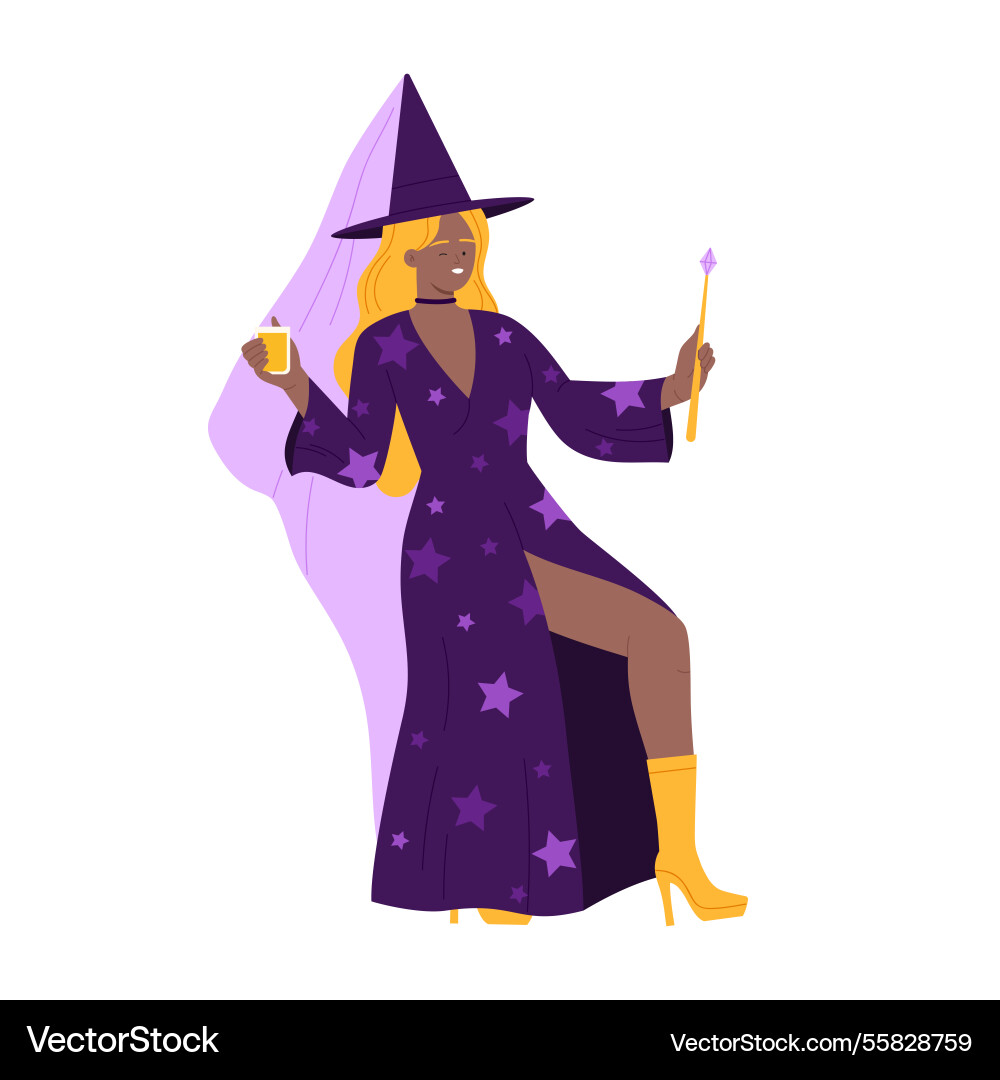 A stylish witch in purple robe and hat exuding A stylish witch in purple robe and hat exuding vector image