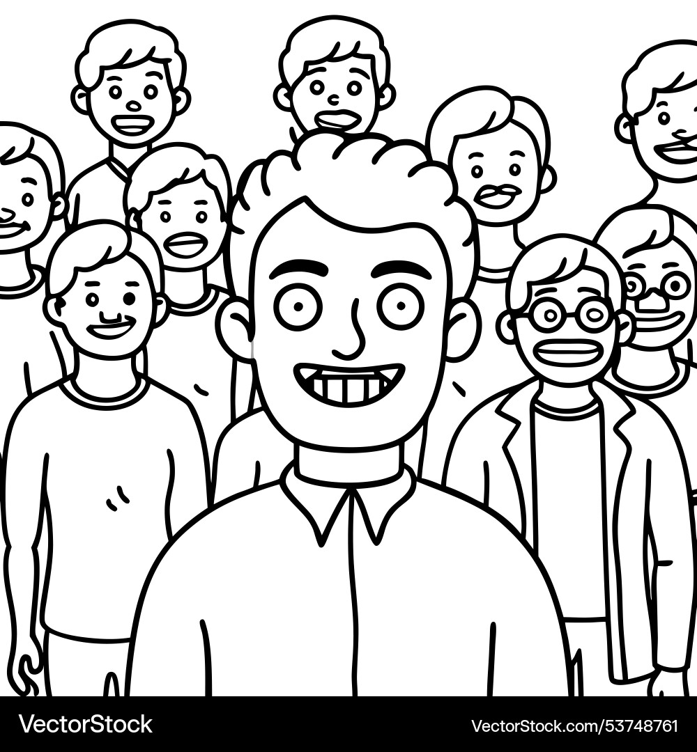 Smiling man standing in between zombies thinking Vector Image