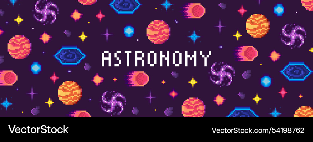 Retro 8-bit space pattern with planets galaxies vector image