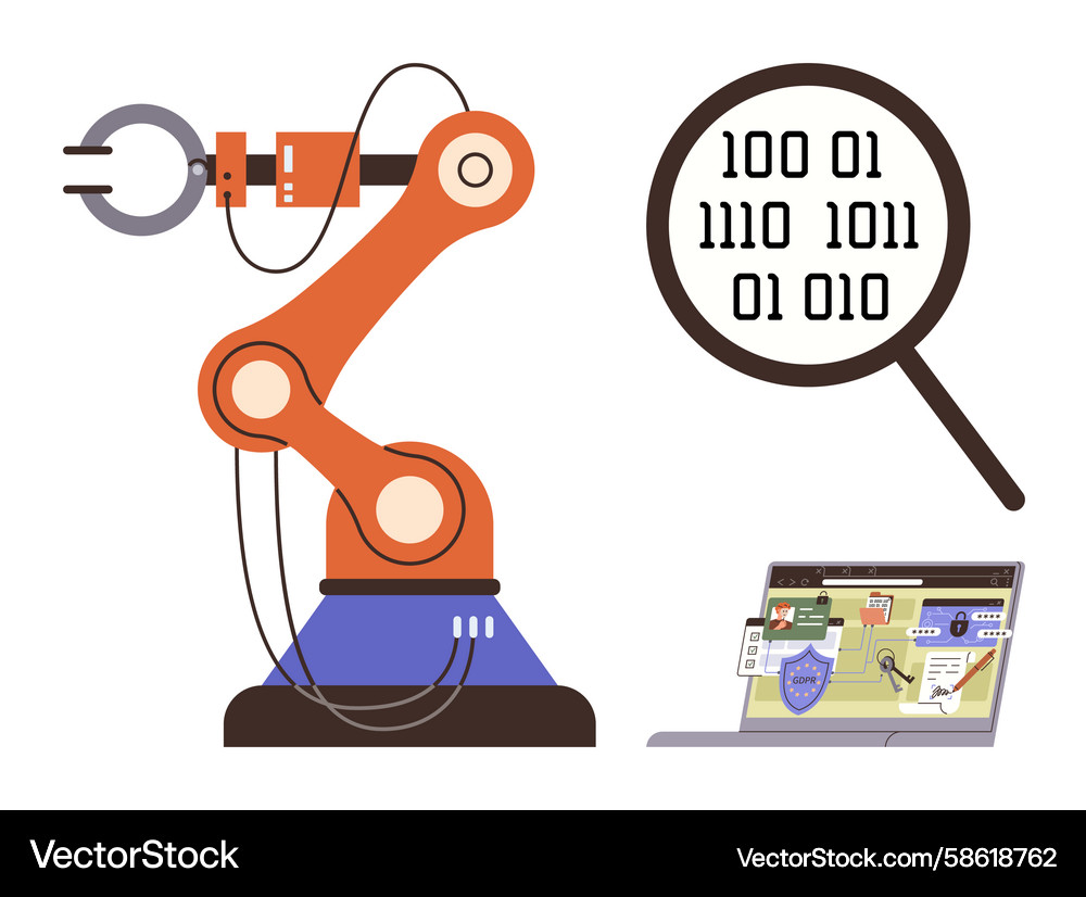Robotic arm with magnified binary data and laptop Vector Image