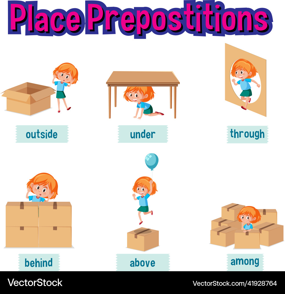Prepostion Wordcard Design mit Mädchen und Boxen Vektorbild