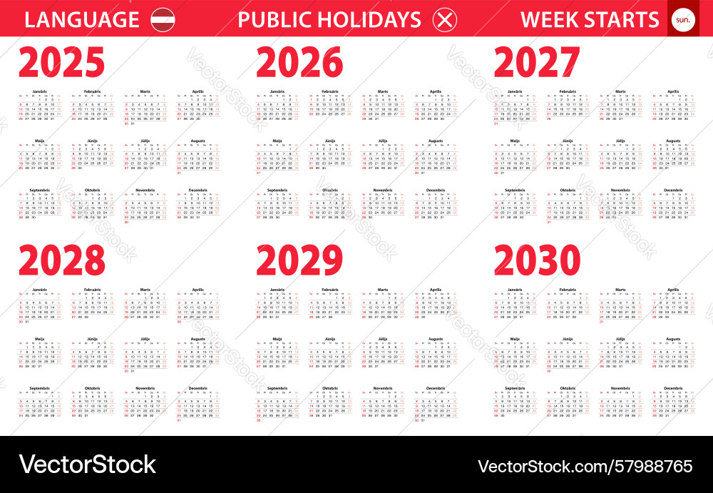 2025-2030 year calendar in latvian language week Vector Image