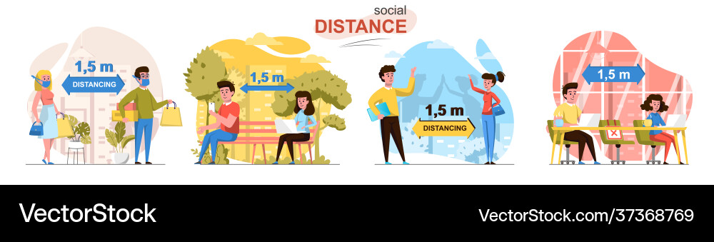 Social distance flat design concept scenes set Social distance flat design concept scenes set vector image