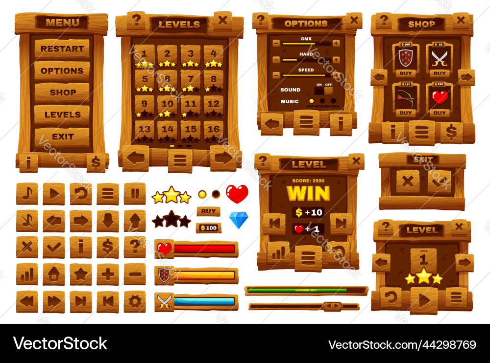 Wooden Button UI Elements vector image