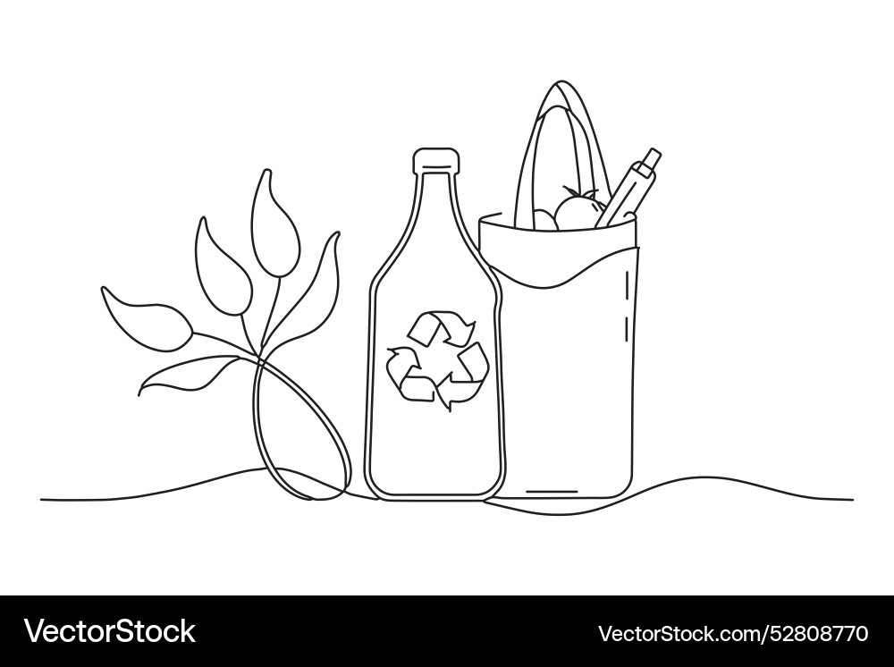 Eco bag with products one line continuous Vector Image
