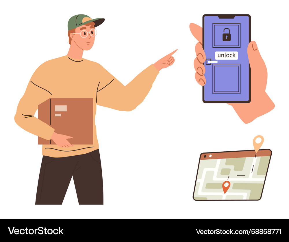 Delivery person using a mobile app for unlocking Delivery person using a mobile app for unlocking Vector Image