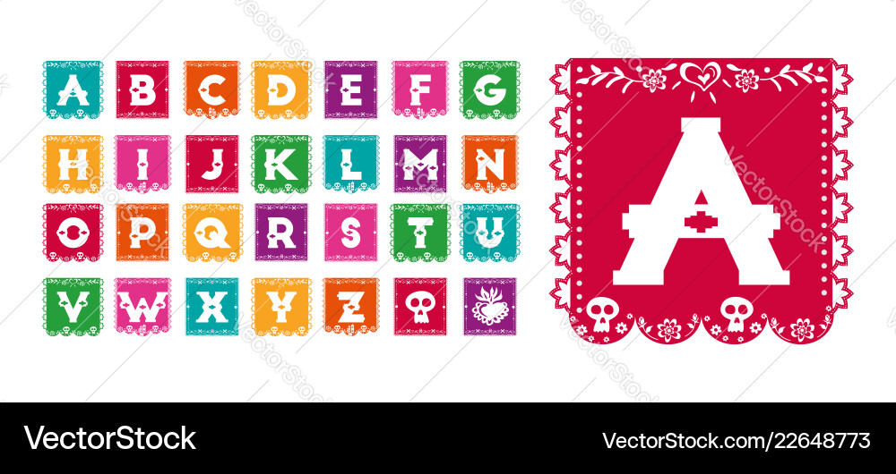 Mexican day of the dead paper flag alphabet font Mexican day of the dead paper flag alphabet font vector image