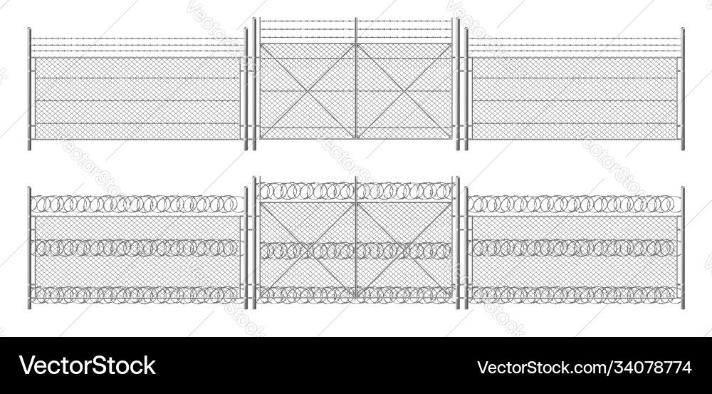 Barb wire fence grid with gate three segments vector image