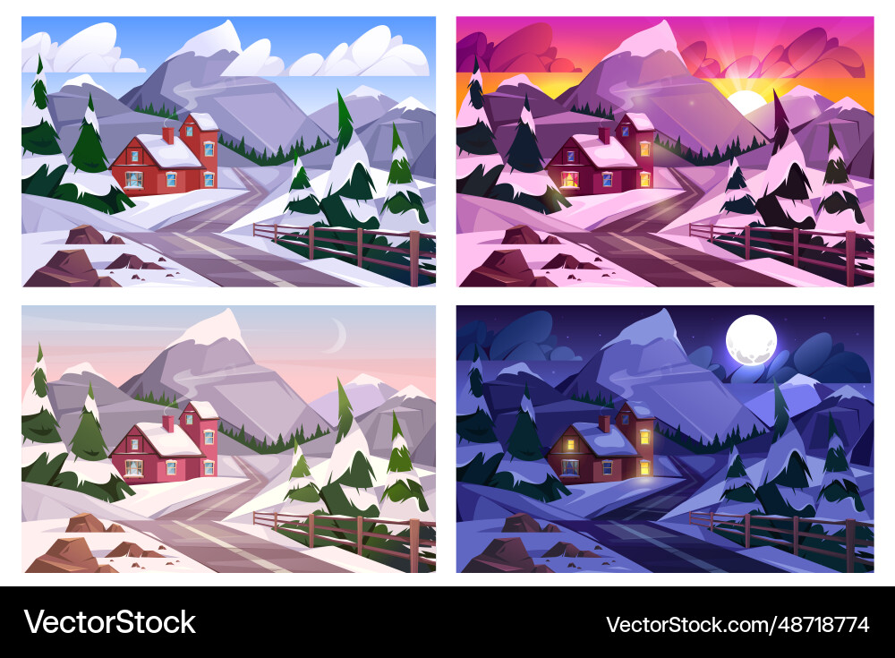 Landschaft Winterzeit Tag Nacht Sonnenaufgang Sonnenuntergang Landschaft Winterzeit Tag Nacht Sonnenaufgang Sonnenuntergang vektorbild