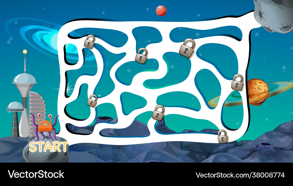 Maze game with space theme template Maze game with space theme template vector image