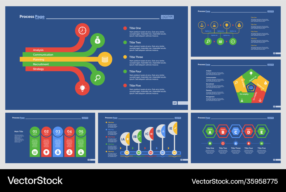 Six workflow diagrams slide templates set Vector Image