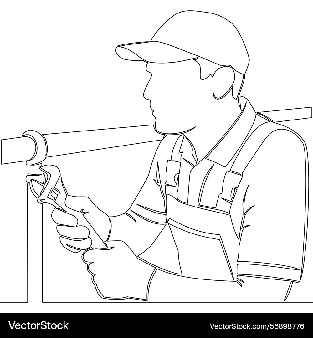 Continuous line plumber fixing pipe with wrench Vector Image